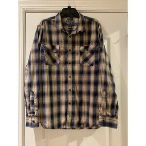 American Rag Cie Mens Shirt Blue Tan Plaid XXL Button Up Casual Long Sleeve